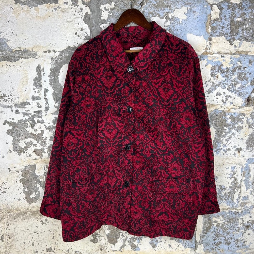 Y2K Denim & Co Corduroy Jacket Red Black Damask Floral Chore Shacket Womens 2X